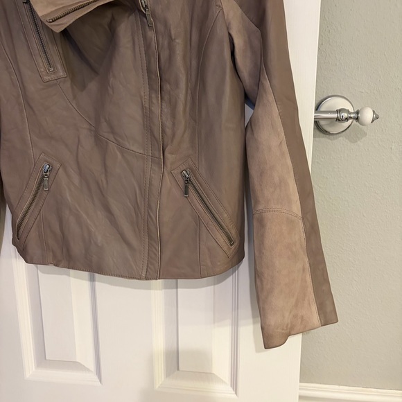 Mint Velvet Leather Moto Jacket Tan Beige Suede Panel Size US 10 - Picture 2 of 15